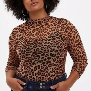 NWT 5X TORRID Mesh Mock Neck Long Sleeve Top~LEOPARD